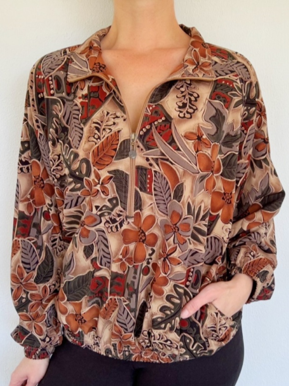 Vintage Bette & Court brown tropical print half zip pullover jacket medium